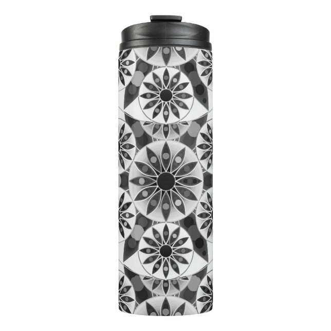Mandala Muster, Schwarz, Weiß und Grau Thermosbecher (Vorderseite)