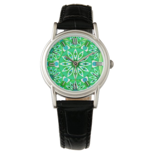 Mandala Muster, Smaragdgrün und Pfau Armbanduhr (Vorderseite)