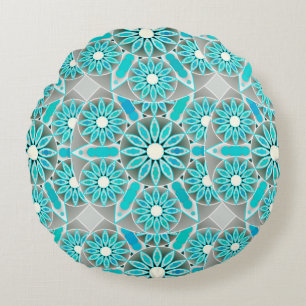 Mandala-Muster, Türkis, Silbergrau und Weiß Rundes Kissen