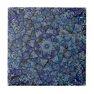 Mandala-Natur Blumen Bold Blau Blumen Geometrie Fliese