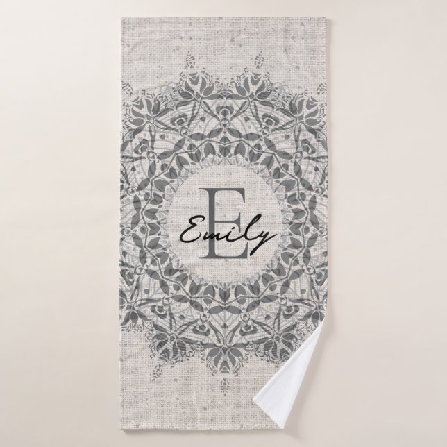Mandala Nom Monogramme gris clair monochrome (Serviette de bain)