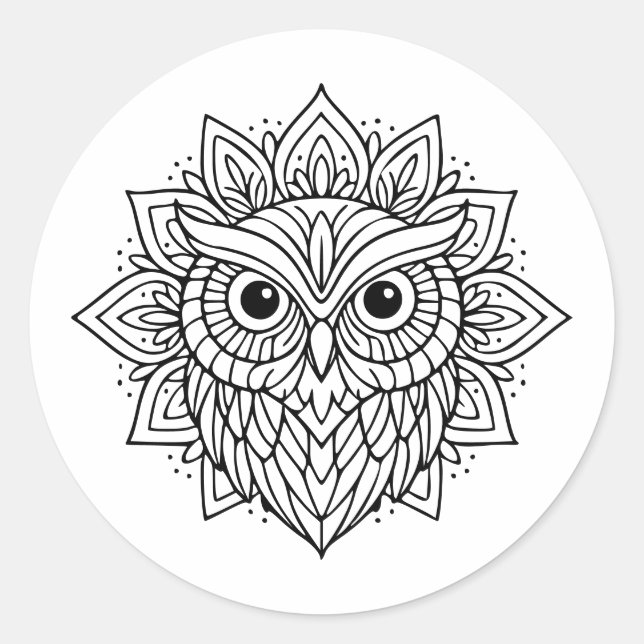 Mandala Owl Head Line Art Runder Aufkleber (Vorderseite)