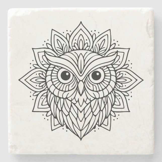 Mandala Owl Head Line Art Steinuntersetzer (Vorderseite)