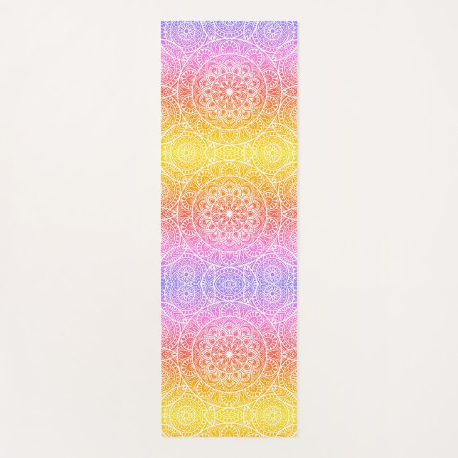 Mandala Pink Yoga Mat Yogamatte (A yoga mat with a gradient of colors from violet to yellow, with a pattern of white mandalas.)