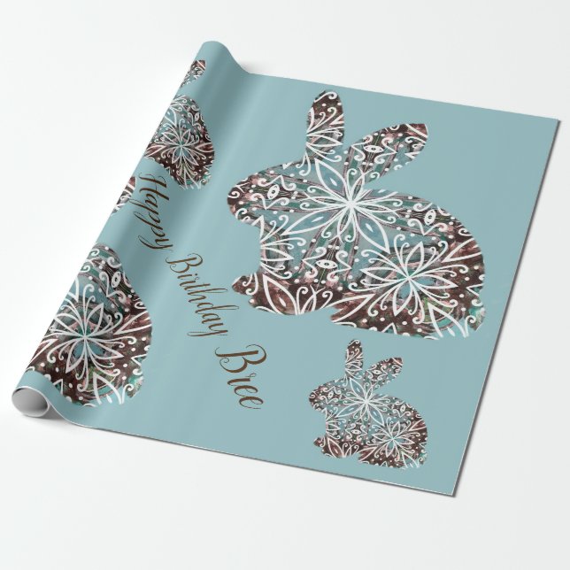 Mandala Rabbit Chocolate und Blues Custom Wrapping Geschenkpapier (Ungerollt)