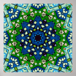 Mandala Retro Mosaic Green Blue Pattern Poster