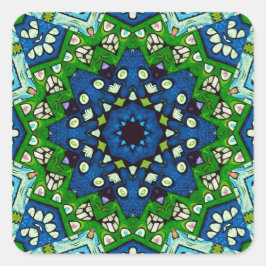 Mandala Retro Mosaic Green Blue Pattern Quadratischer Aufkleber