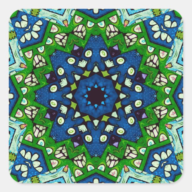 Mandala Retro Mosaic Green Blue Pattern Quadratischer Aufkleber (Vorderseite)