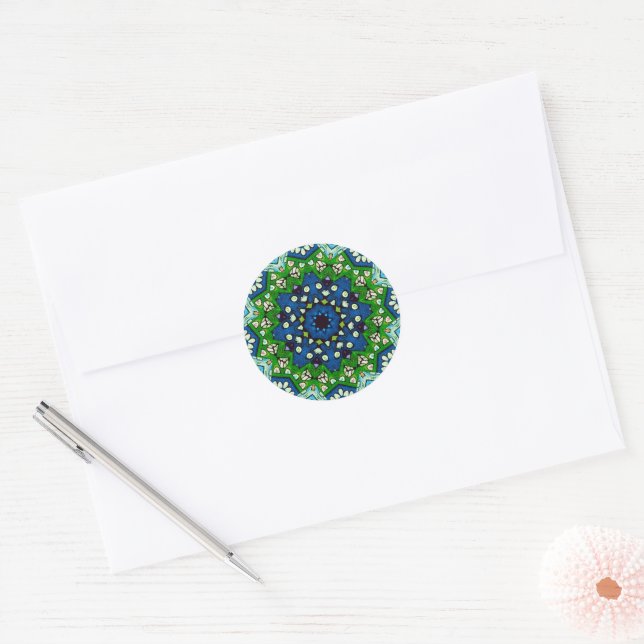 Mandala Retro Mosaic Green Blue Pattern Runder Aufkleber (Umschlag)