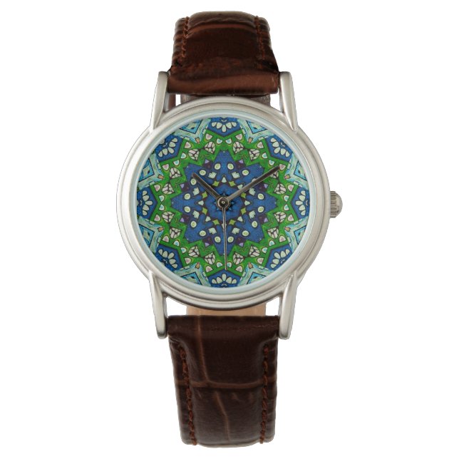 Mandala Retro Mosaik Green Blue Pattern Watch Armbanduhr (Vorderseite)