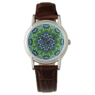 Mandala Retro-Mosaik Grün Blau Muster Uhr
