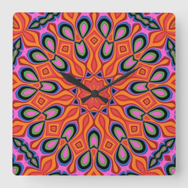 Mandala Retro Orange Hipster Decor Quadratische Wanduhr (Vorderseite)