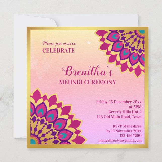 Mandala rose mariage indien mehndi Invitation (Devant)