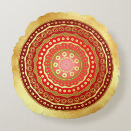 Mandala Rot Gold Punkte auf weichem Goldhintergrun Rundes Kissen