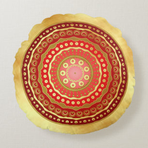 Mandala Rot Gold Punkte auf weichem Goldhintergrun Rundes Kissen