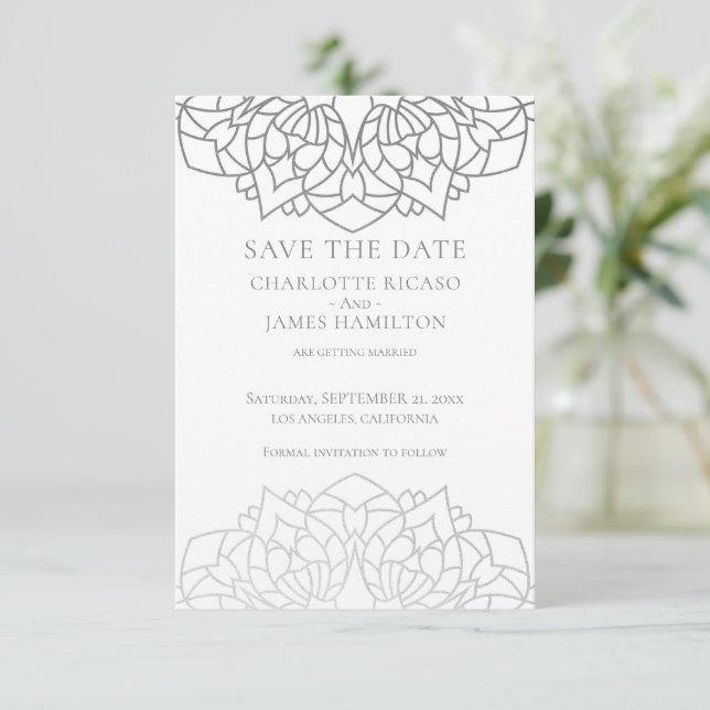 Mandala Silver Gray Pattern Personalisierte Hochze Save The Date (Stehend Vorderseite)