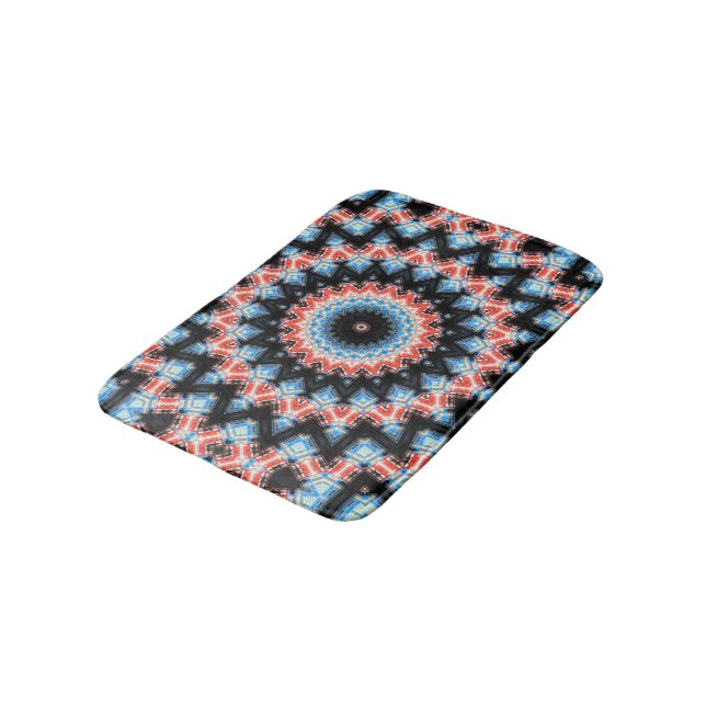 Mandala Star: Schwarz, Blau und Rot Badematte (Schrägansicht)