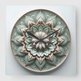 mandala style ornament soft green quadratische wanduhr