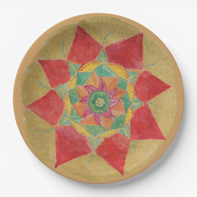 Mandala Teller 9 in goldener Handfarbe (Vorderseite)