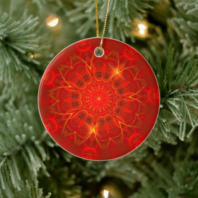 Mandala Thin Lines Warme Farben roter Hintergrund Keramik Ornament (Baum)
