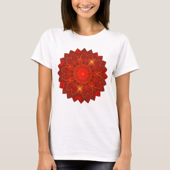 Mandala Thin Lines Warme Farben roter Hintergrund T-Shirt (Vorderseite)