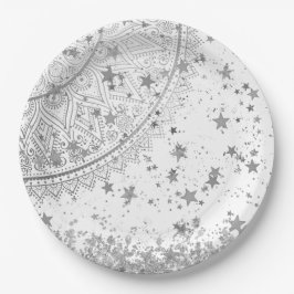 Mandala verzaubern mit Silberstern auf Weiß Pappteller