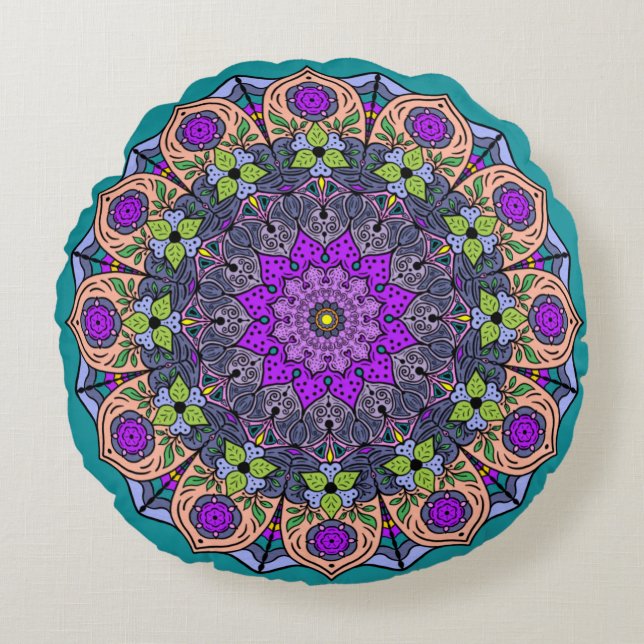 Mandala Violet Peach Lmon Pink Green Rundes Kissen (Vorderseite)