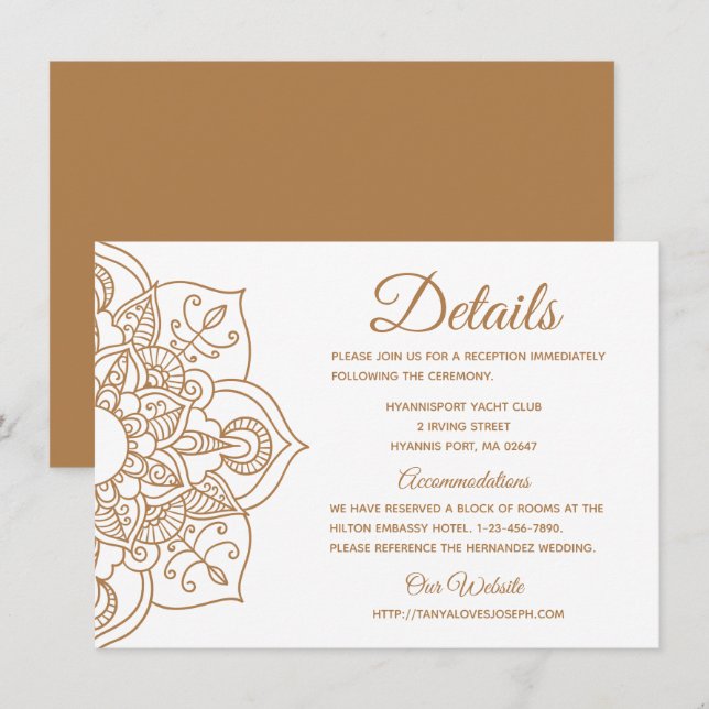 Mandala Wedding Details Brown Boho Indian Modern Einladung (Vorne/Hinten)