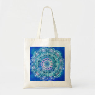 Mandala Weiße Umrandung blaue Wasserfarbe - Tragetasche