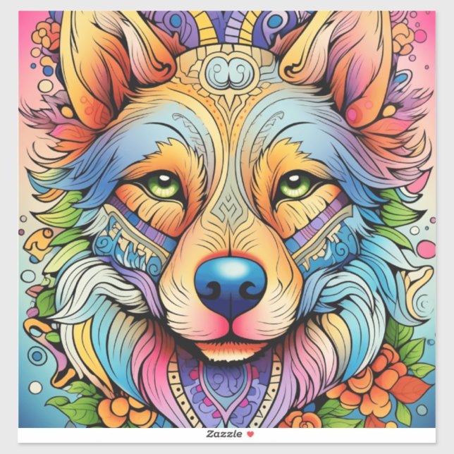 Mandala Wolf with Floral Accents Aufkleber (Blatt)