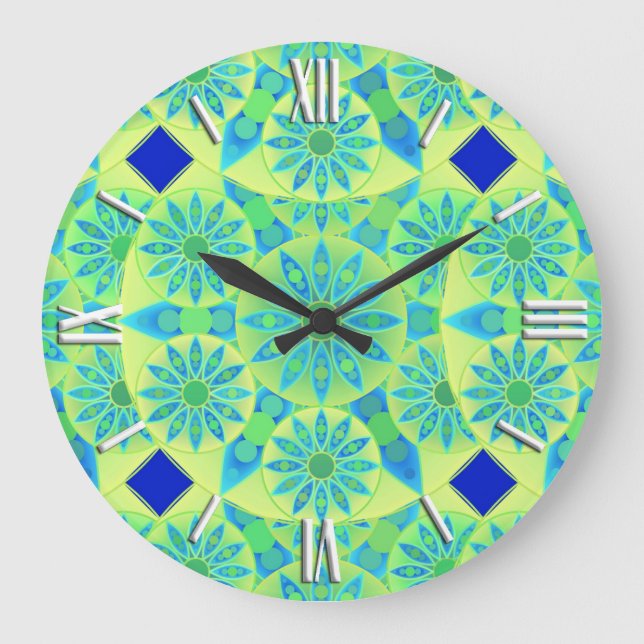 Mandalamuster, Türkis, Blau, Limones Grün Große Wanduhr (Vorderseite)
