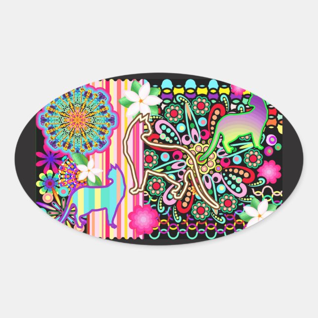 Mandalas, Katzen und Blume Fantasiemuster Ovaler Aufkleber (Vorderseite)
