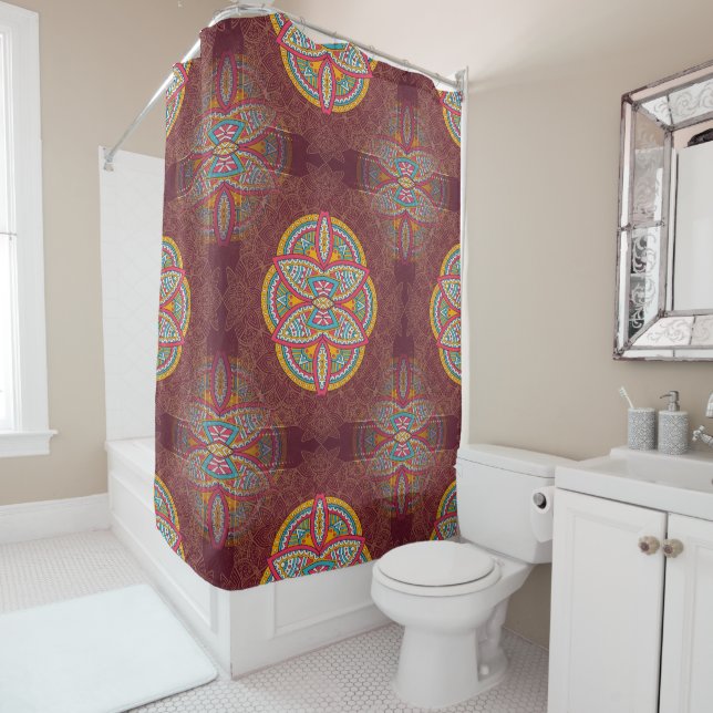 Mandalas mit gemischten Maroon-Wiederholmustern Duschvorhang (Beispiel)