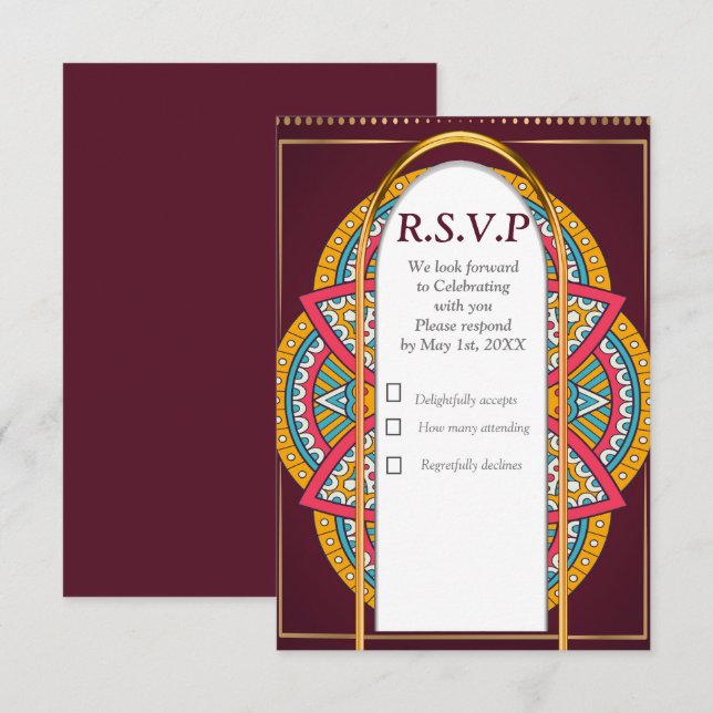 Mandalase auf Maroon-Hintergrund RSVP Karte (Vorne/Hinten)