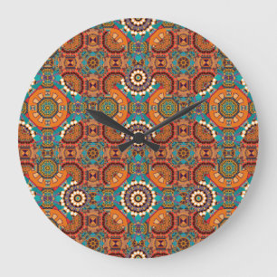 Mandalase Kaleidoskop: Brauner Blauer Orange. Große Wanduhr