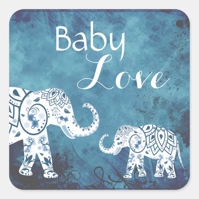 Mandalase und Elefanten Baby Liebe Boy's Baby Show Quadratischer Aufkleber (Vorderseite)