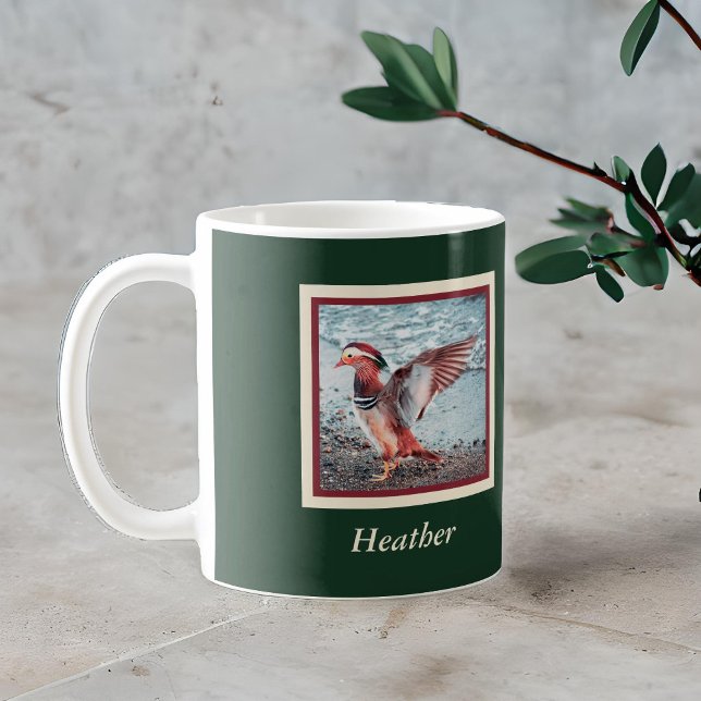 Mandarin Duck on Green and Rust with Name Kaffeetasse (Von Creator hochgeladen)