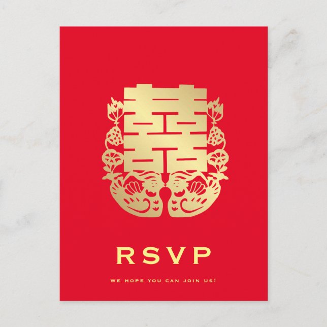 Mandarin Ducks & Double Happiness Wedding RSVP Einladungspostkarte (Vorderseite)