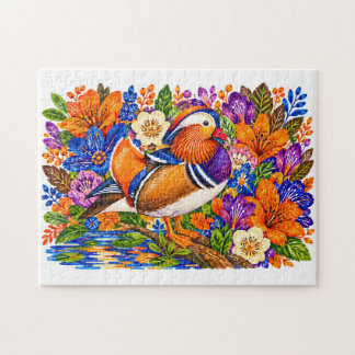 Mandarin-Enten-Teich Farbige Lili-Blumen Aquarell