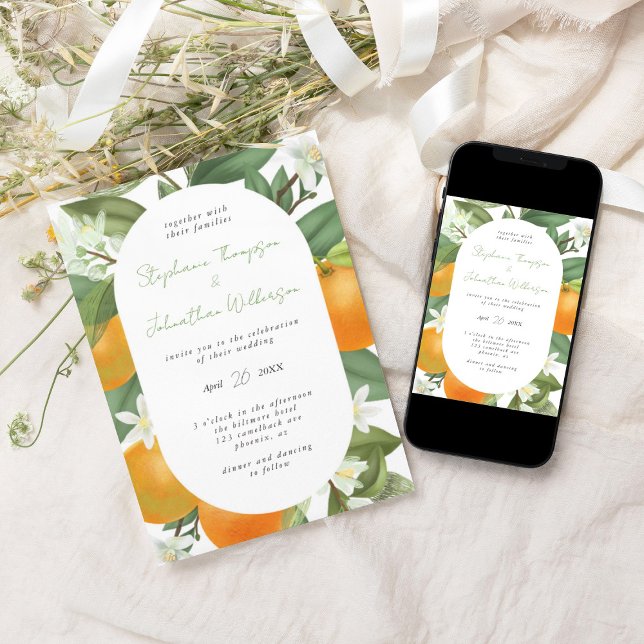 Mandarin Orange Botanical Elegante Wedding Einladung (Mandarin orange wedding invitation)