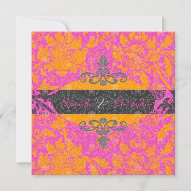 Mandarin Orange/Hot Pink Damask Einladungen (Vorderseite)