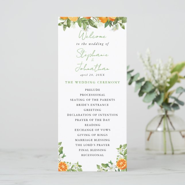 Mandarin Orange Watercolor Wedding Programme (Debout devant)