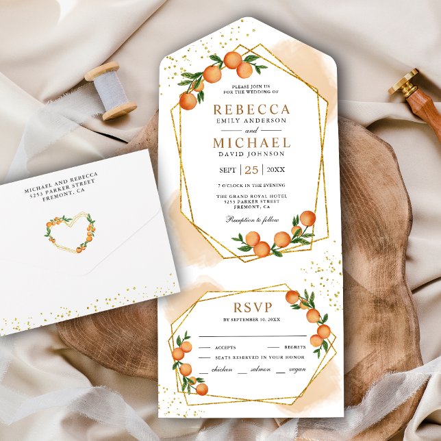 Mandarine Citrus Orange Gold Frame Wedding All In One Einladung (Von Creator hochgeladen)