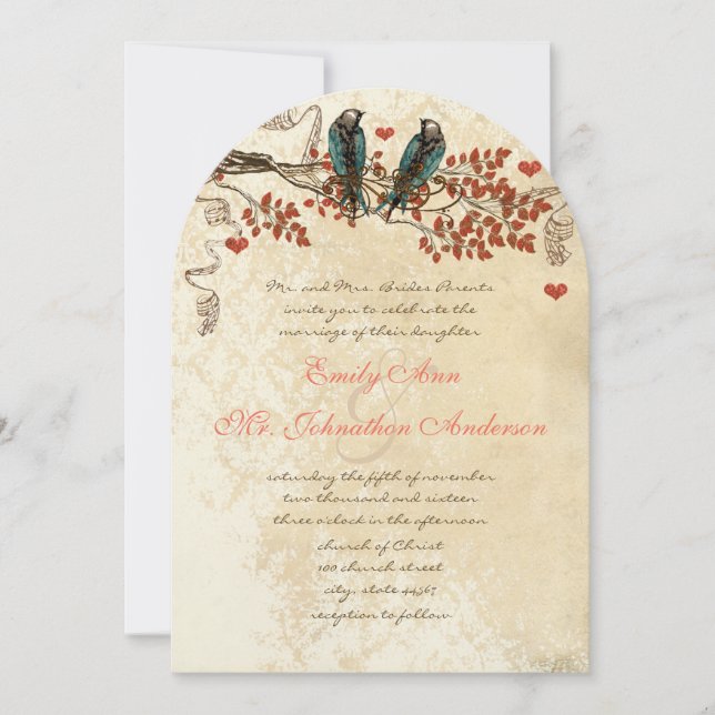 Mandarine Herbstlaub Vintag Bird Wedding Einladung (Vorderseite)