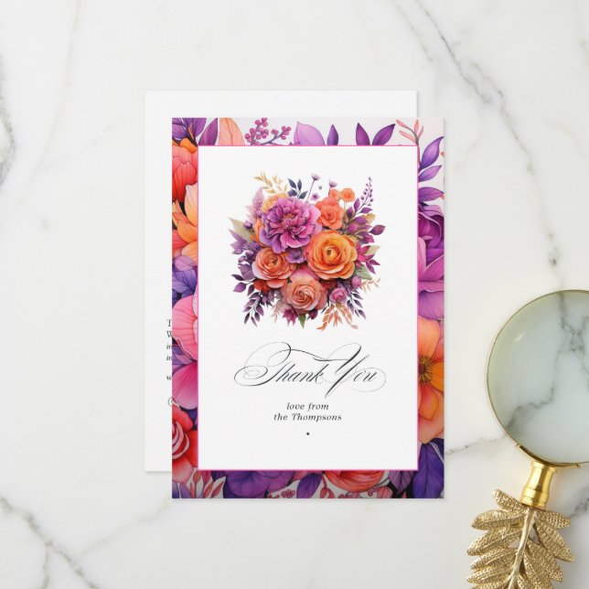 Mandarine, Hot-Pink & Royal Lila Blumenhochzeit Dankeskarte (Vorderseite/Rückseite Beispiel)