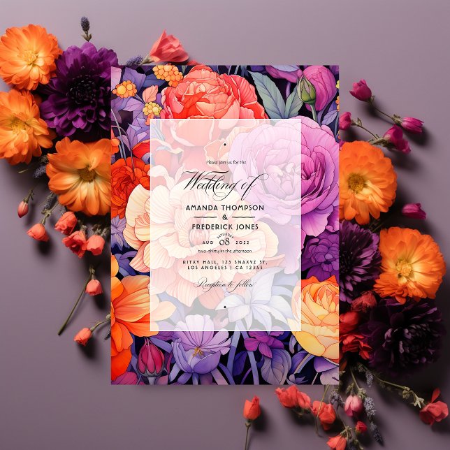Mandarine, Hot-Pink & Royal Lila Blumenhochzeit Einladung (Von Creator hochgeladen)