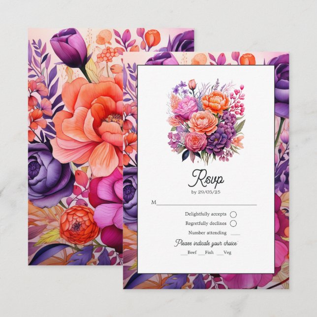 Mandarine, Hot-Pink & Royal Lila Blumenhochzeit RSVP Karte (Vorne/Hinten)