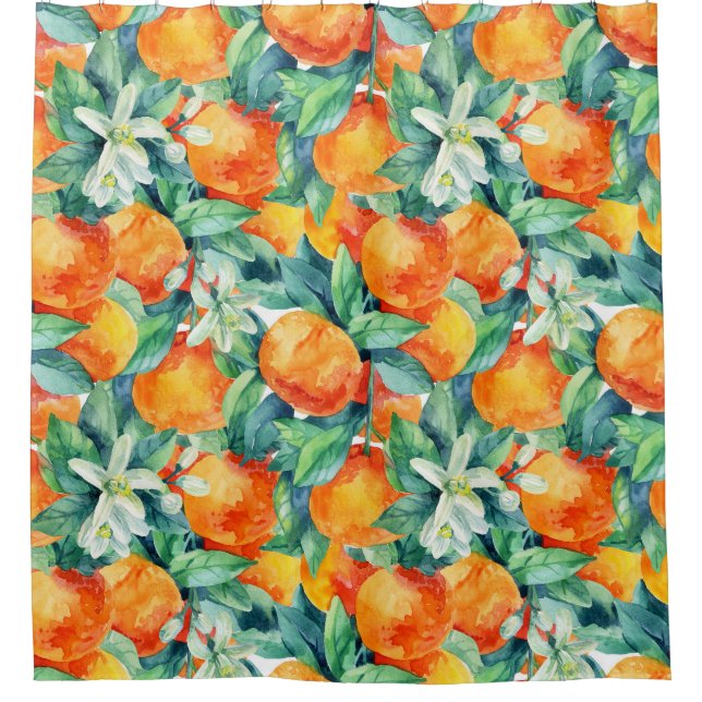 Mandarine Orange: Aquarellfarben-Retro-Illustratio Duschvorhang (Vorderseite)