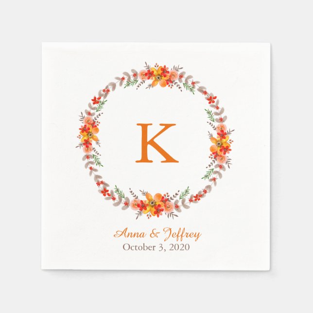Mandarine Orange Floral Wreath Monogram Wedding Serviette (Vorderseite)