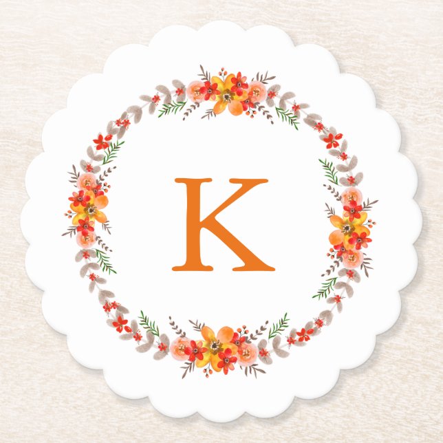 Mandarine Orange Floral Wreath Monogram Wedding Untersetzer (Vorderseite)